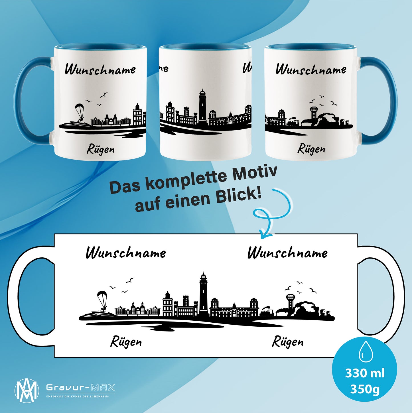 Tasse in Hellblau 330ml bedruckt mit der Skyline von Rügen personalisierbar mit Wunschname