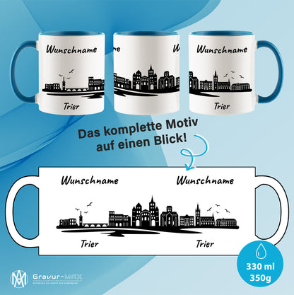 Tasse in Hellblau 330ml bedruckt mit der Skyline von Trier personalisierbar mit Wunschname