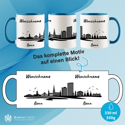 Tasse in Hellblau 330ml bedruckt mit der Skyline von Bonn personalisierbar mit Wunschname