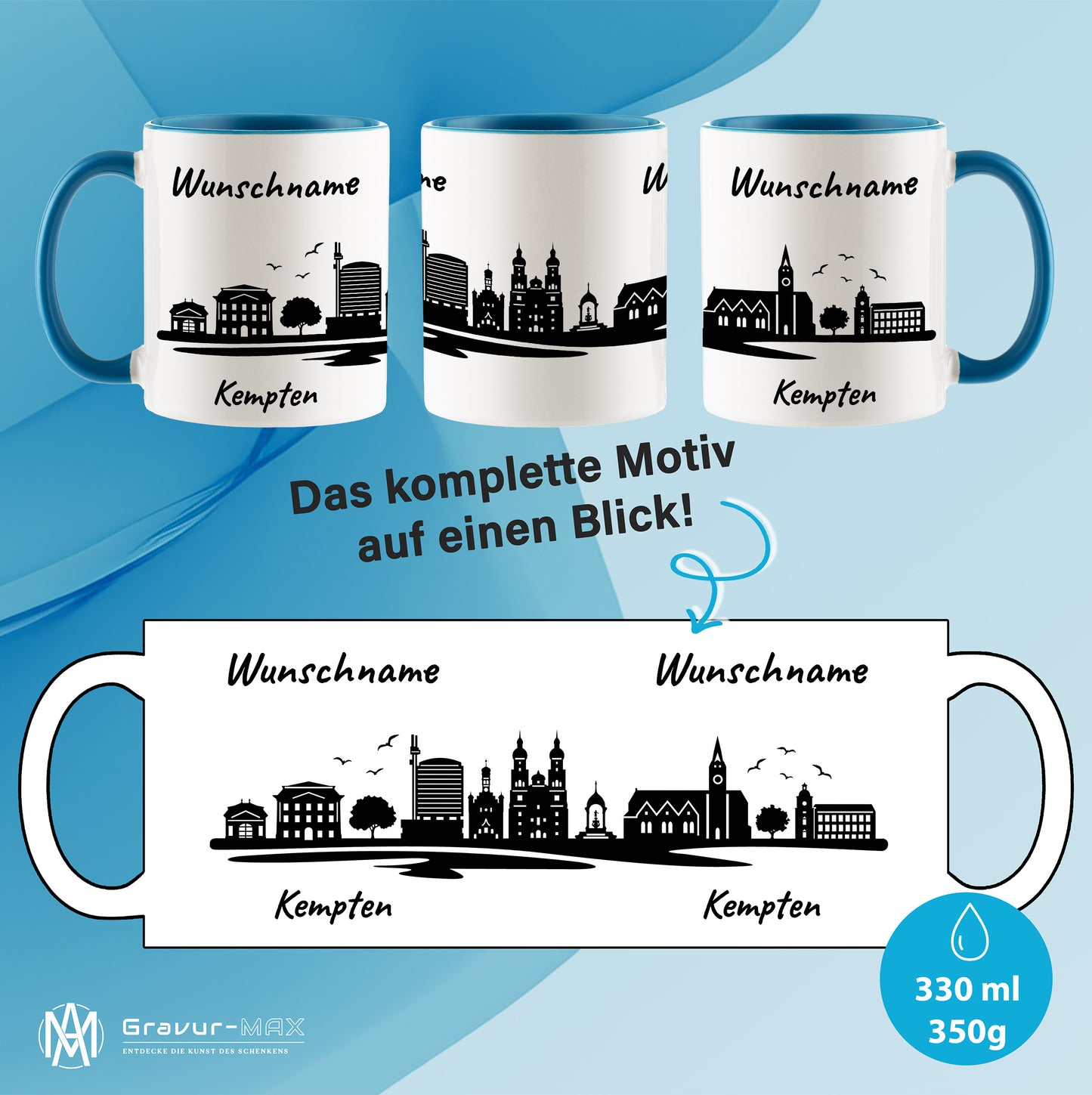 Tasse in Hellblau 330ml bedruckt mit der Skyline von Kempten personalisierbar mit Wunschname