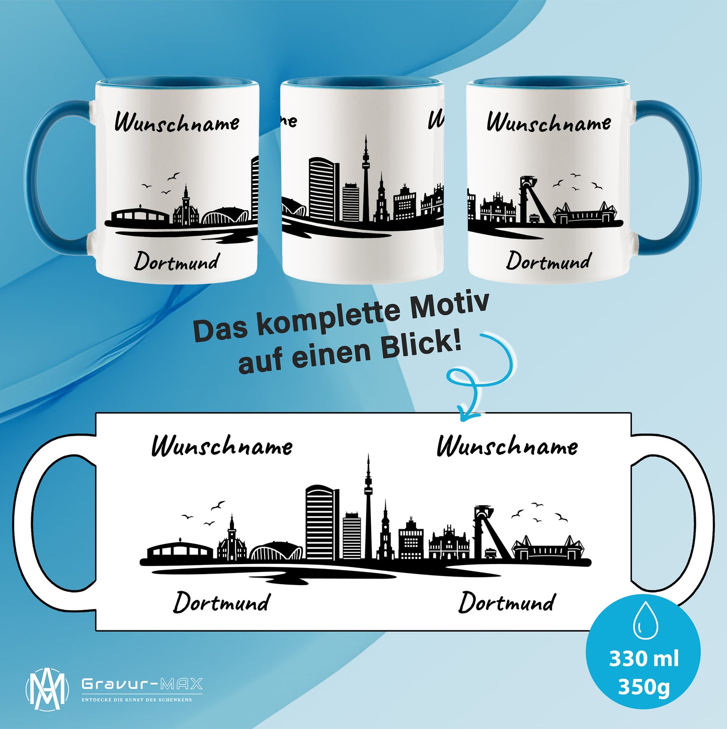 Tasse in Hellblau 330ml bedruckt mit der Skyline von Dortmund personalisierbar mit Wunschname