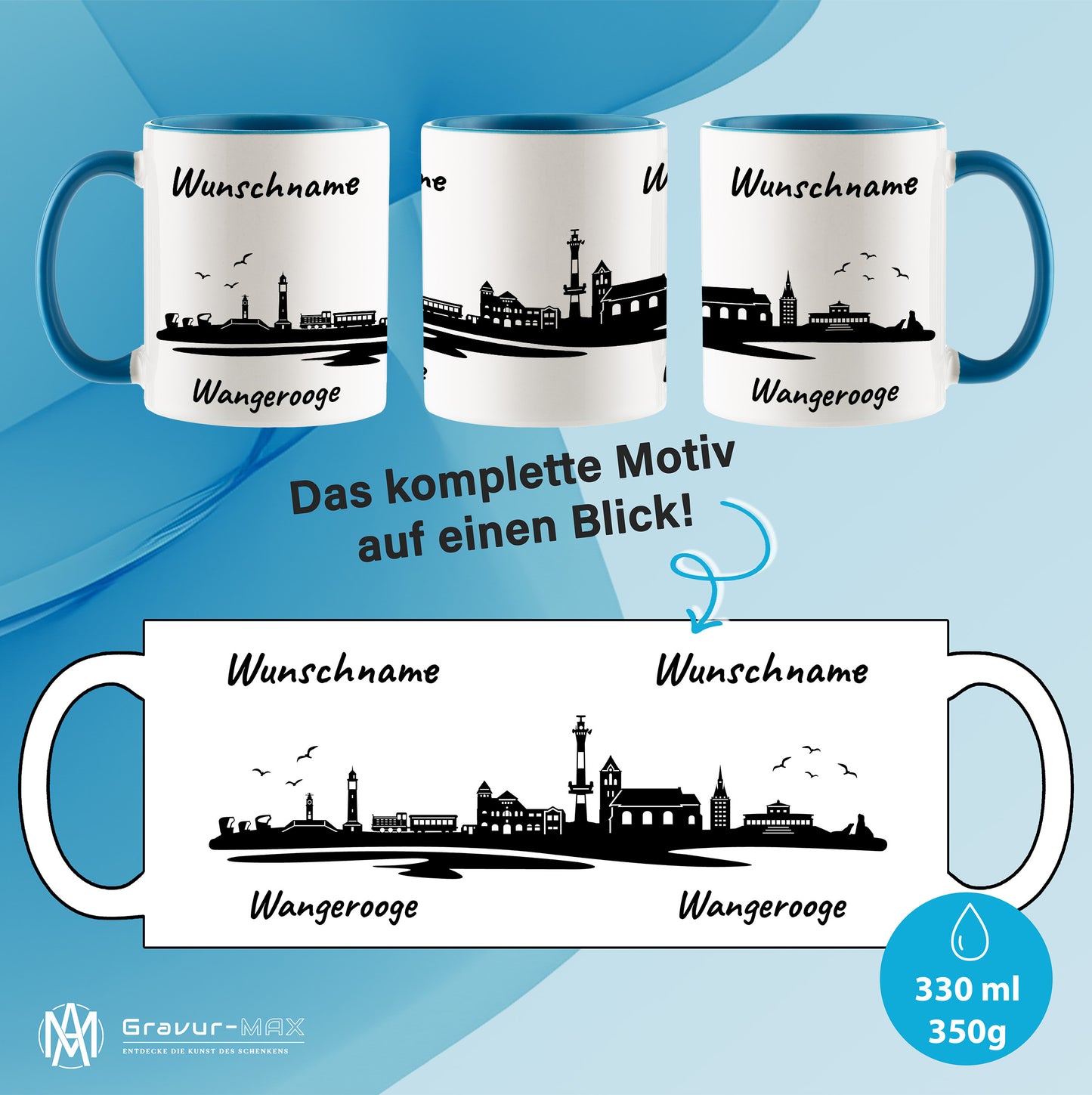 Tasse in Hellblau 330ml bedruckt mit der Skyline von Wangerooge personalisierbar mit Wunschname