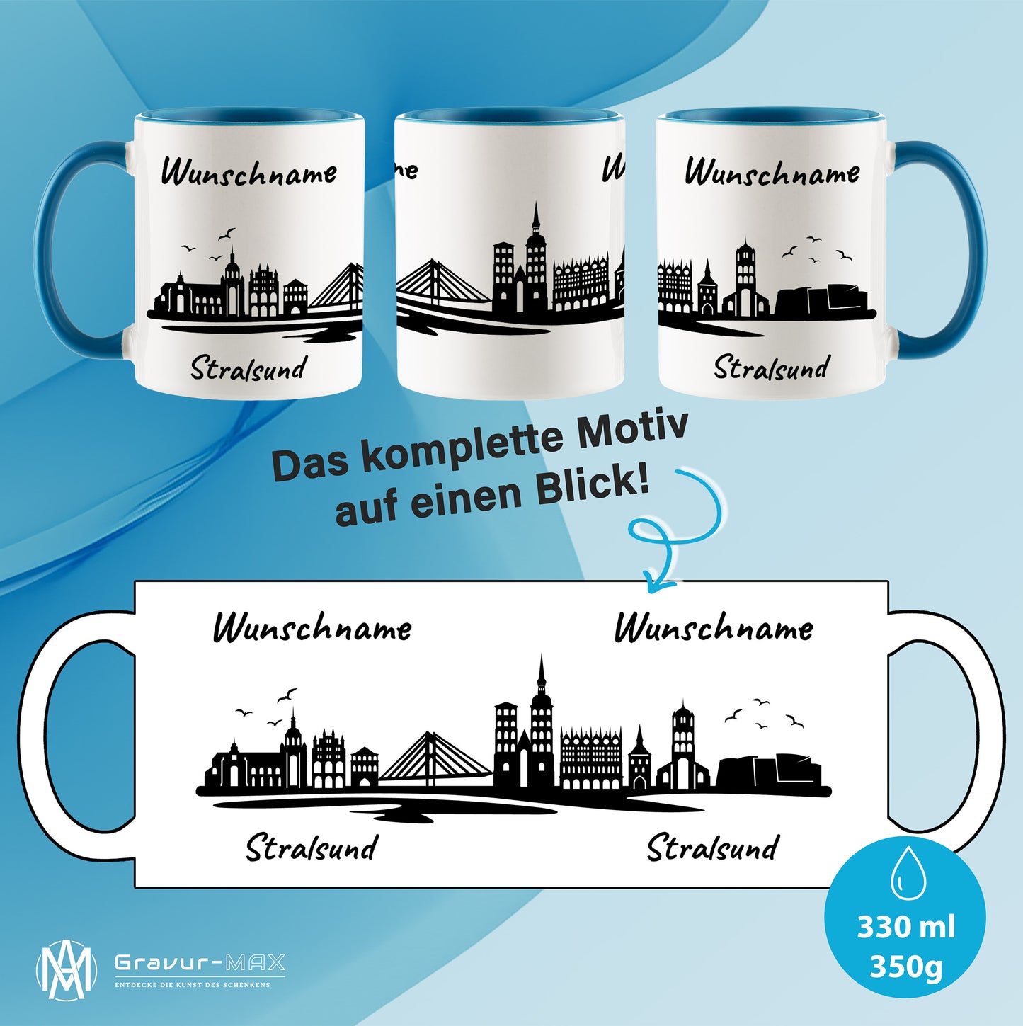 Tasse in Hellblau 330ml bedruckt mit der Skyline von Stralsund personalisierbar mit Wunschname