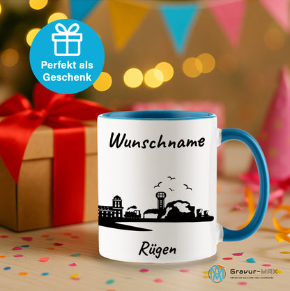 Tasse in Hellblau 330ml bedruckt mit der Skyline von Rügen personalisierbar mit Wunschname