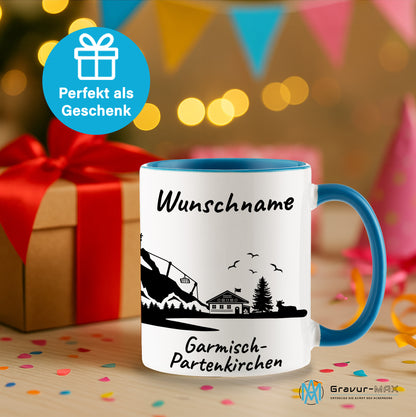 Tasse in Hellblau 330ml bedruckt mit der Skyline von Garmisch-Partenkirchen personalisierbar mit Wunschname