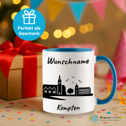 Tasse in Hellblau 330ml bedruckt mit der Skyline von Kempten personalisierbar mit Wunschname