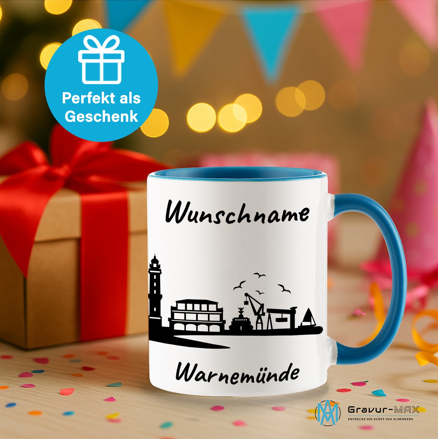 Tasse in Hellblau 330ml bedruckt mit der Skyline von Warnemünde personalisierbar mit Wunschname