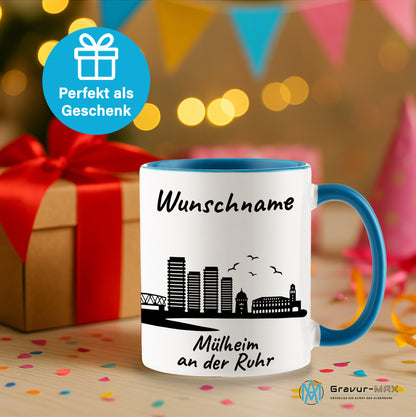Tasse in Hellblau 330ml bedruckt mit der Skyline von Mülheim an der Ruhr personalisierbar mit Wunschname