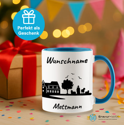 Tasse in Hellblau 330ml bedruckt mit der Skyline von Mettmann personalisierbar mit Wunschname