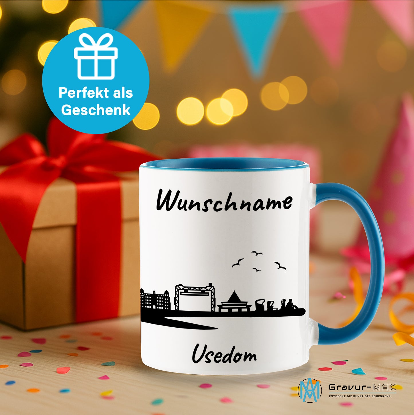 Tasse in Hellblau 330ml bedruckt mit der Skyline von Usedom personalisierbar mit Wunschname