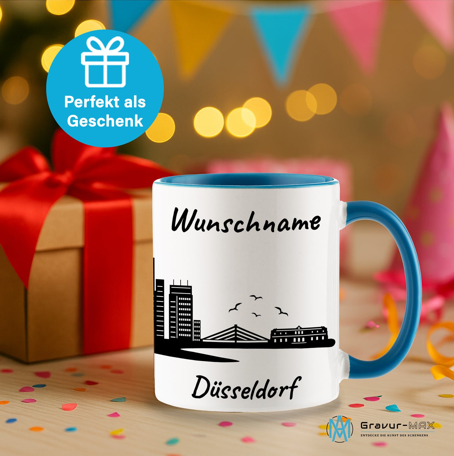 Tasse in Hellblau 330ml bedruckt mit der Skyline von Düsseldorf personalisierbar mit Wunschname