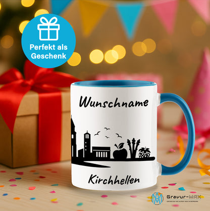 Tasse in Hellblau 330ml bedruckt mit der Skyline von Kirchhellen personalisierbar mit Wunschname