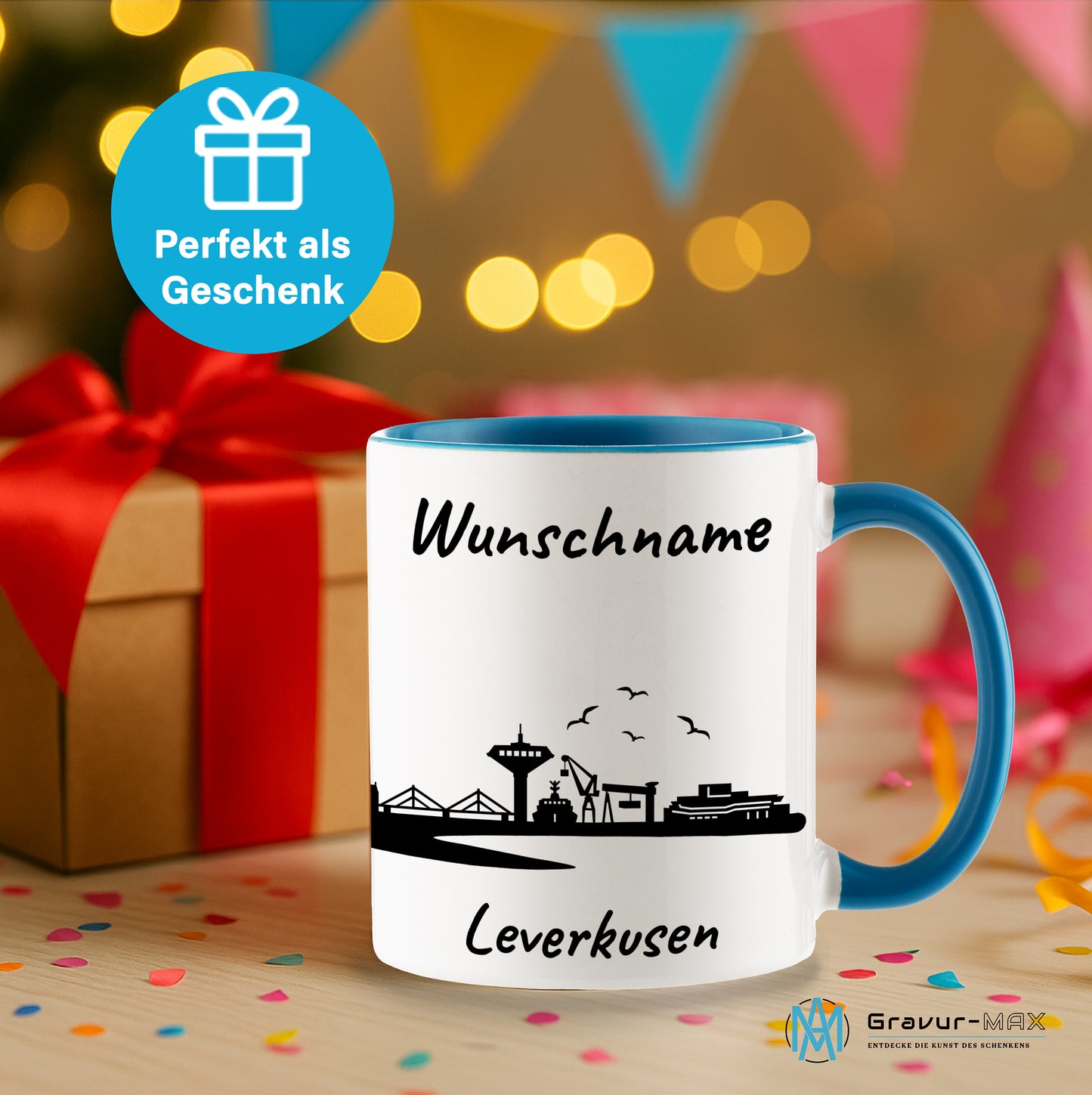 Tasse in Hellblau 330ml bedruckt mit der Skyline von Leverkusen personalisierbar mit Wunschname