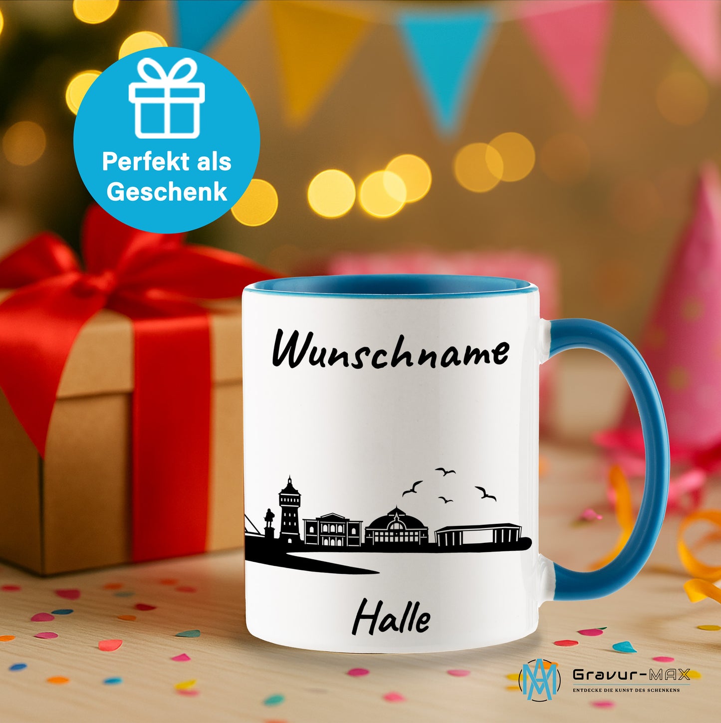 Tasse in Hellblau 330ml bedruckt mit der Skyline von Halle personalisierbar mit Wunschname