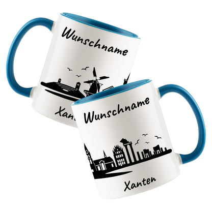 Tasse in Hellblau 330ml bedruckt mit der Skyline von Xanten personalisierbar mit Wunschname