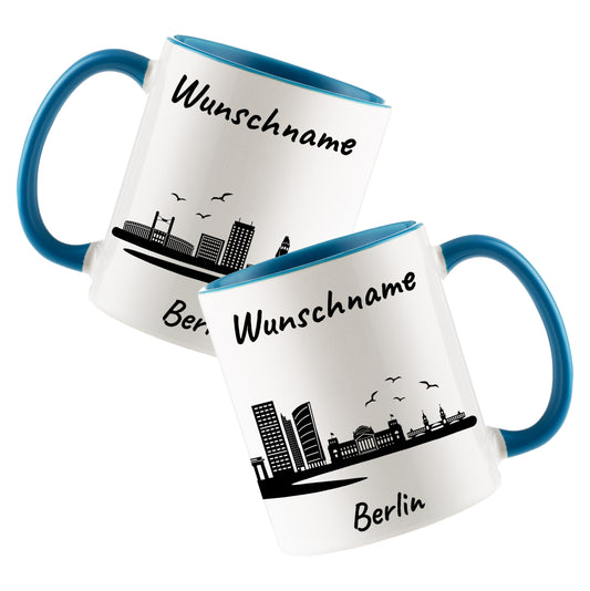 Tasse in Hellblau 330ml bedruckt mit der Skyline von Berlin personalisierbar mit Wunschname