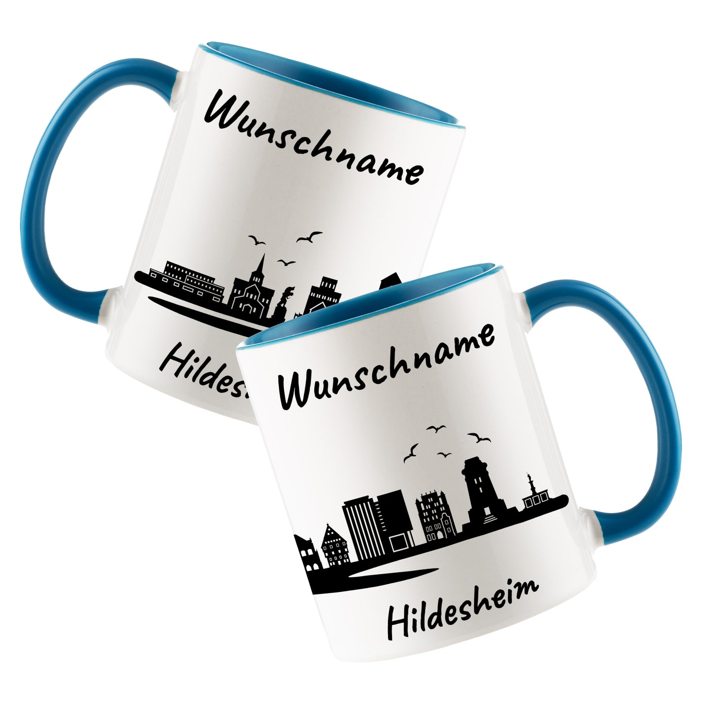 Tasse in Hellblau 330ml bedruckt mit der Skyline von Hildesheim personalisierbar mit Wunschname