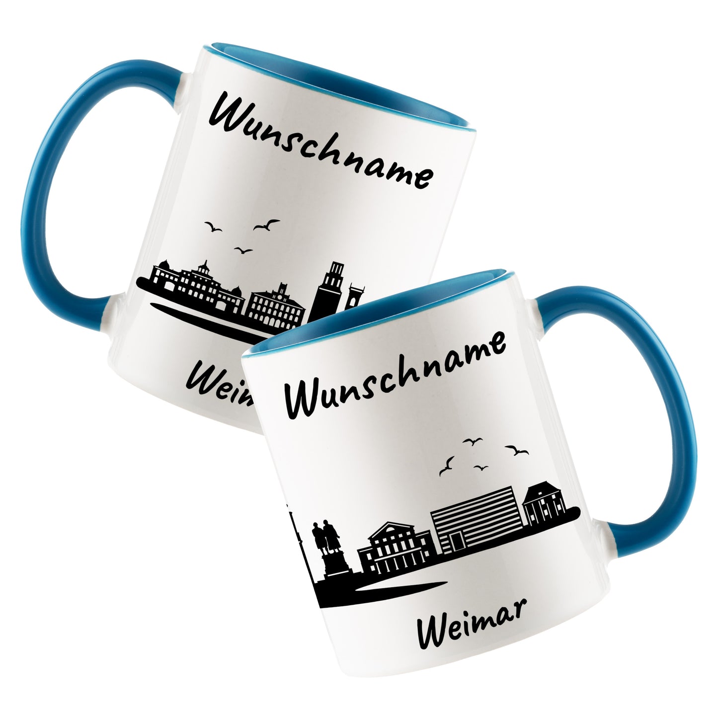 Tasse in Hellblau 330ml bedruckt mit der Skyline von Weimar personalisierbar mit Wunschname