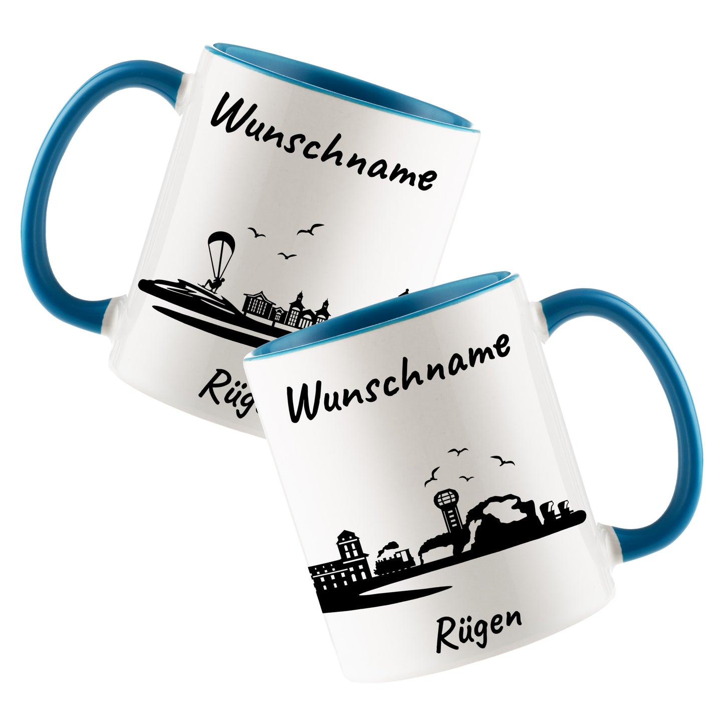 Tasse in Hellblau 330ml bedruckt mit der Skyline von Rügen personalisierbar mit Wunschname