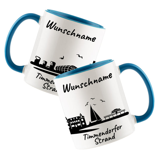 Tasse in Hellblau 330ml bedruckt mit der Skyline von Timmendorfer Strand personalisierbar mit Wunschname