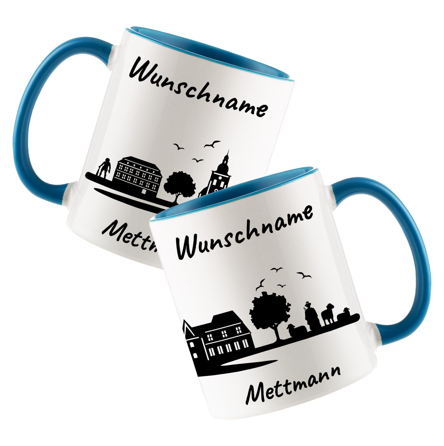 Tasse in Hellblau 330ml bedruckt mit der Skyline von Mettmann personalisierbar mit Wunschname