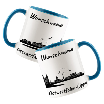 Tasse in Hellblau 330ml bedruckt mit der Skyline von Ostwestfalen-Lippe personalisierbar mit Wunschname