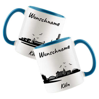 Tasse in Hellblau 330ml bedruckt mit der Skyline von Köln personalisierbar mit Wunschname