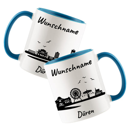 Tasse in Hellblau 330ml bedruckt mit der Skyline von Düren personalisierbar mit Wunschname