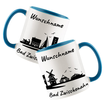 Tasse in Hellblau 330ml bedruckt mit der Skyline von Bad Zwischenahn personalisierbar mit Wunschname