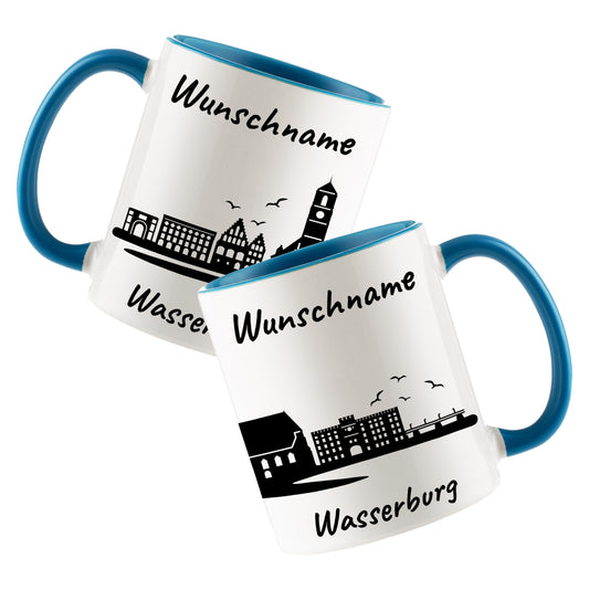 Tasse in Hellblau 330ml bedruckt mit der Skyline von Wasserburg personalisierbar mit Wunschname