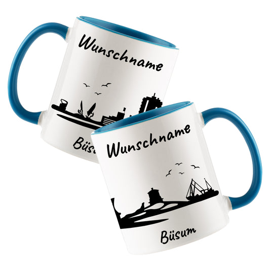 Tasse in Hellblau 330ml bedruckt mit der Skyline von Büsum personalisierbar mit Wunschname