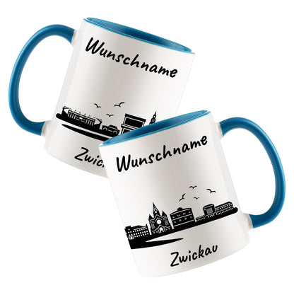 Tasse in Hellblau 330ml bedruckt mit der Skyline von Zwickau personalisierbar mit Wunschname