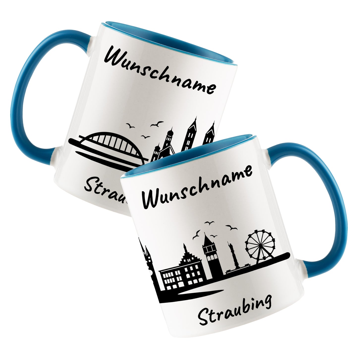 Tasse in Hellblau 330ml bedruckt mit der Skyline von Straubing personalisierbar mit Wunschname