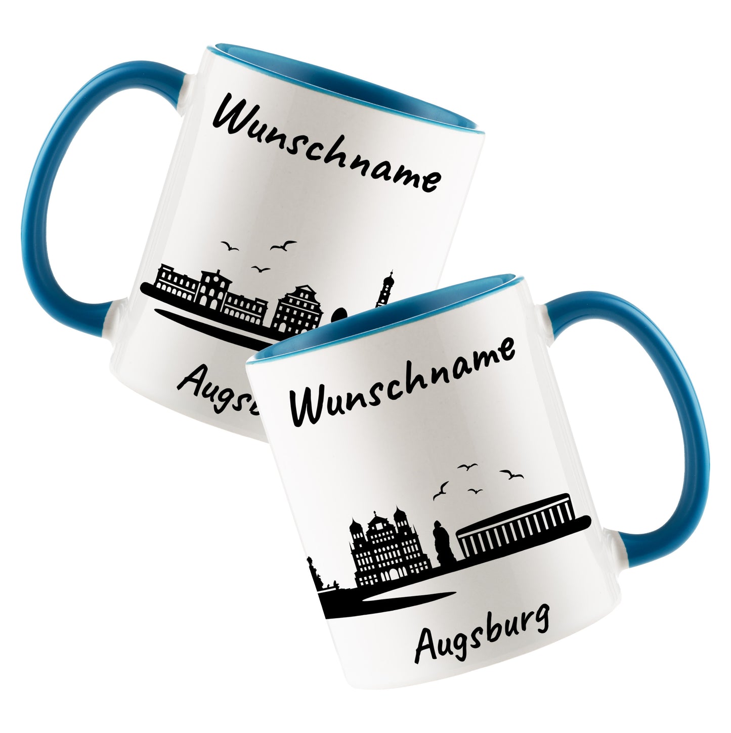 Tasse in Hellblau 330ml bedruckt mit der Skyline von Augsburg personalisierbar mit Wunschname