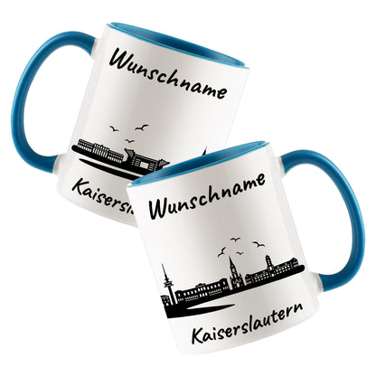 Tasse in Hellblau 330ml bedruckt mit der Skyline von Kaiserslautern personalisierbar mit Wunschname