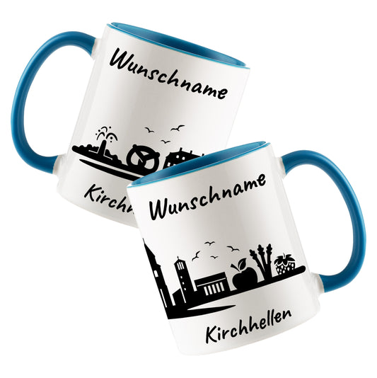 Tasse in Hellblau 330ml bedruckt mit der Skyline von Kirchhellen personalisierbar mit Wunschname