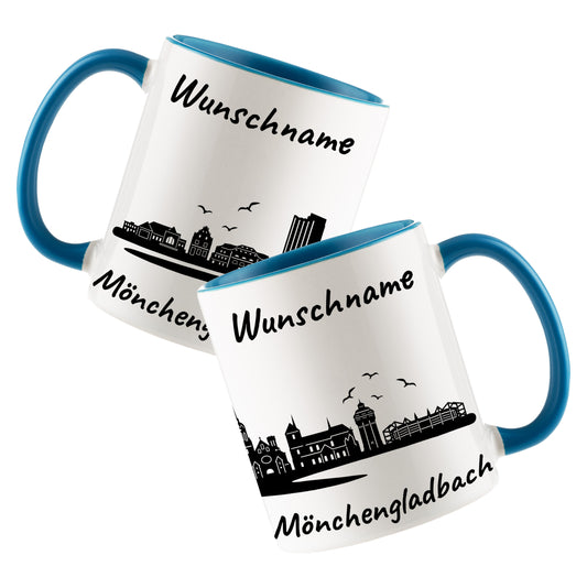 Tasse in Hellblau 330ml bedruckt mit der Skyline von Mönchengladbach personalisierbar mit Wunschname