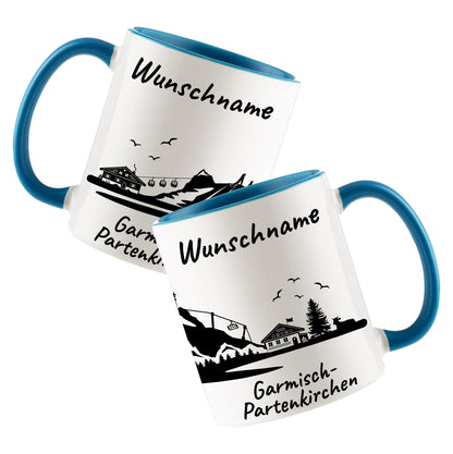 Tasse in Hellblau 330ml bedruckt mit der Skyline von Garmisch-Partenkirchen personalisierbar mit Wunschname