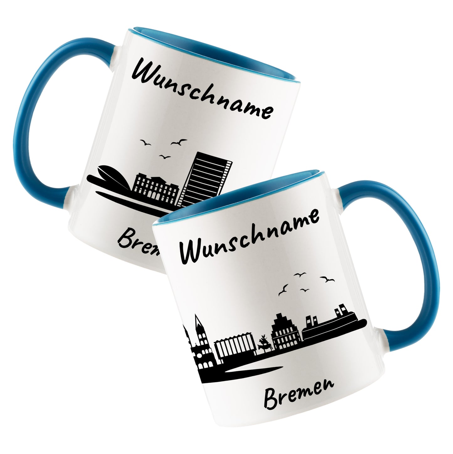 Tasse in Hellblau 330ml bedruckt mit der Skyline von Bremen personalisierbar mit Wunschname