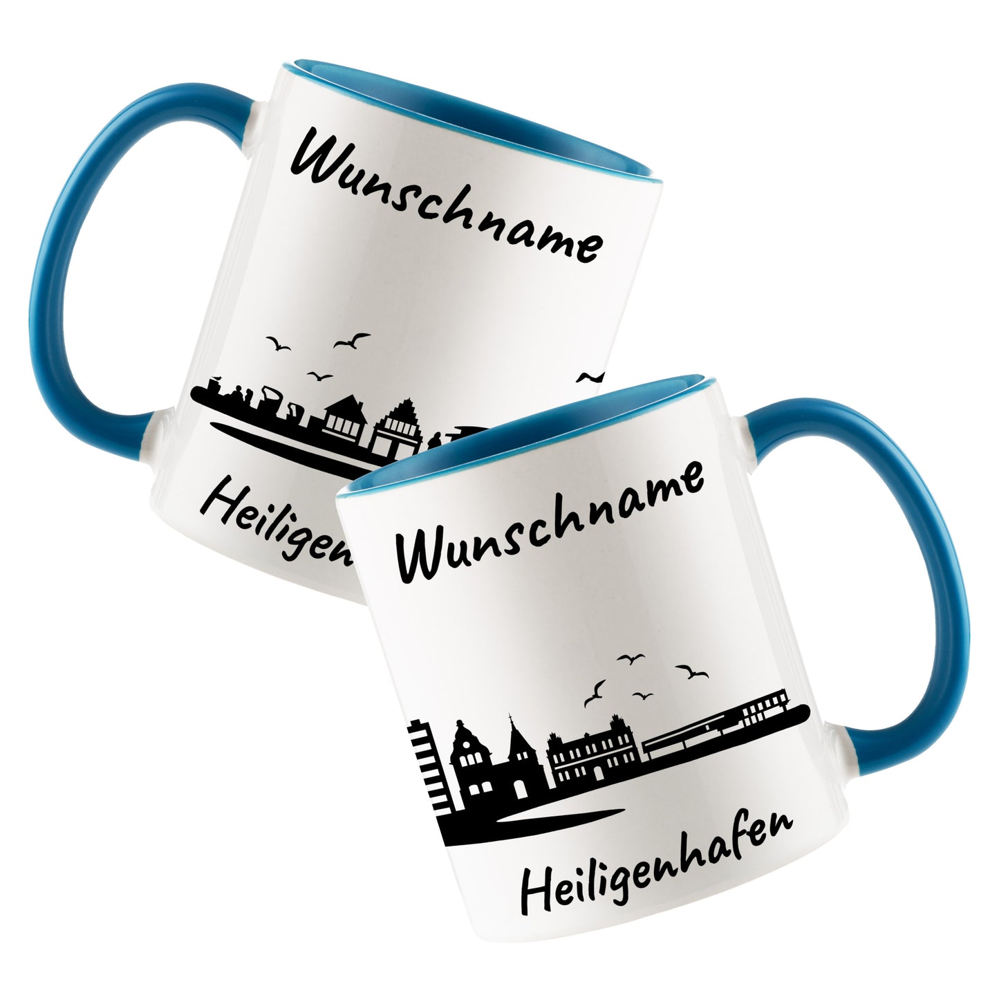 Tasse in Hellblau 330ml bedruckt mit der Skyline von Heiligenhafen personalisierbar mit Wunschname