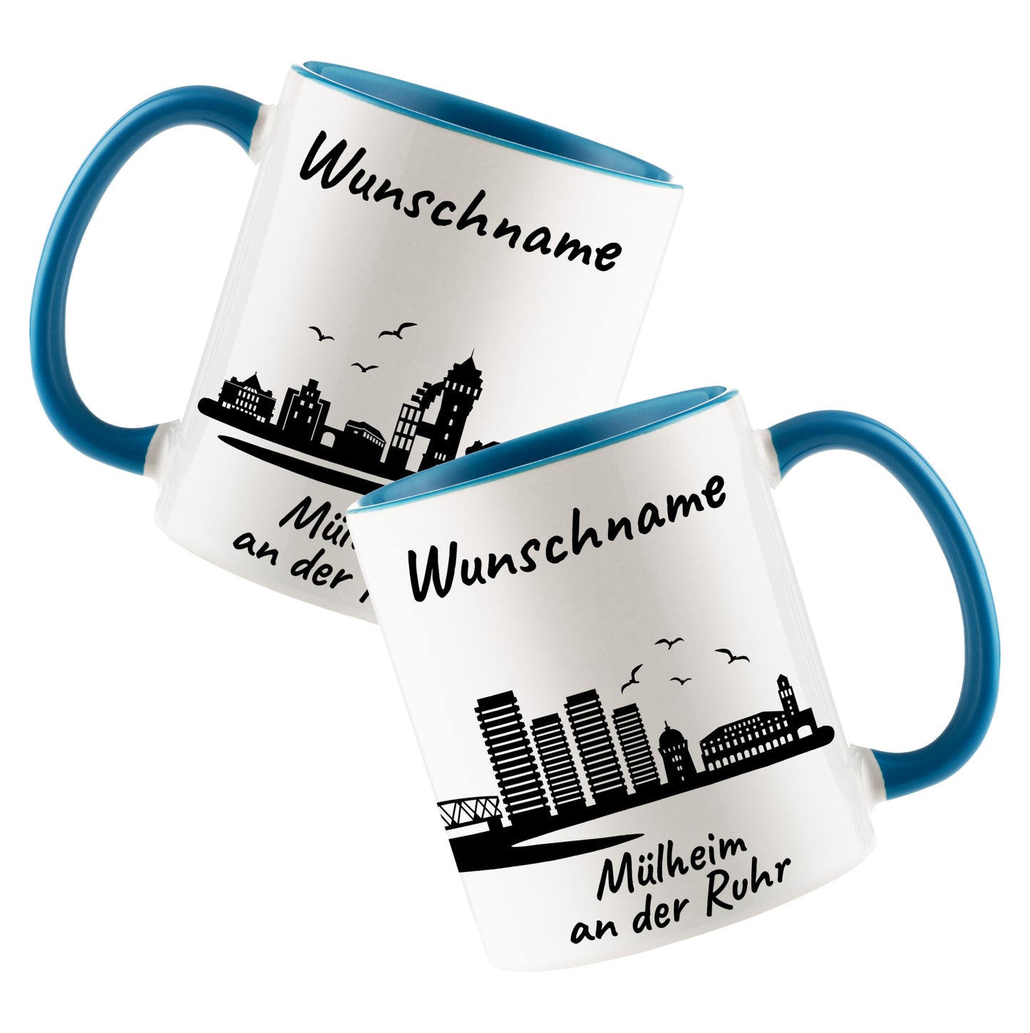 Tasse in Hellblau 330ml bedruckt mit der Skyline von Mülheim an der Ruhr personalisierbar mit Wunschname