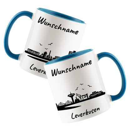 Tasse in Hellblau 330ml bedruckt mit der Skyline von Leverkusen personalisierbar mit Wunschname