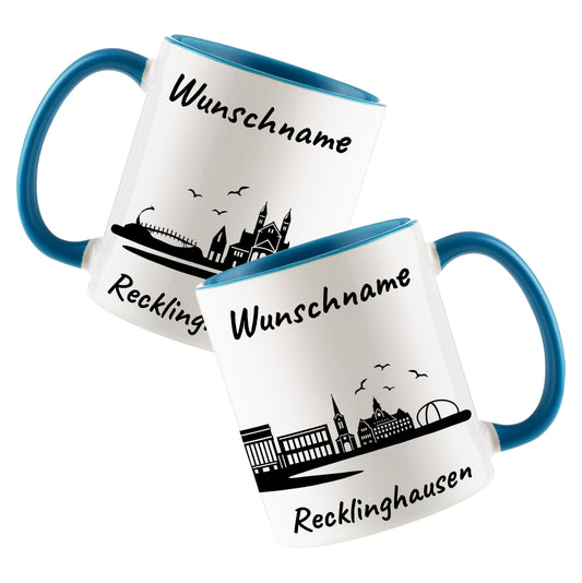 Tasse in Hellblau 330ml bedruckt mit der Skyline von Recklinghausen personalisierbar mit Wunschname