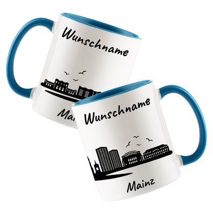 Tasse in Hellblau 330ml bedruckt mit der Skyline von Mainz personalisierbar mit Wunschname