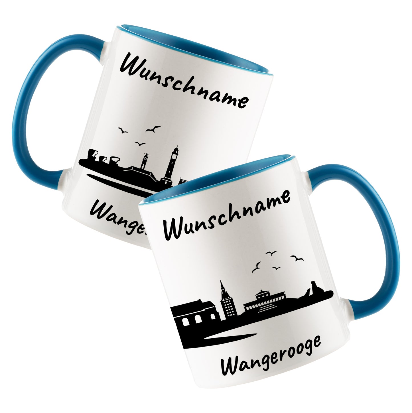 Tasse in Hellblau 330ml bedruckt mit der Skyline von Wangerooge personalisierbar mit Wunschname