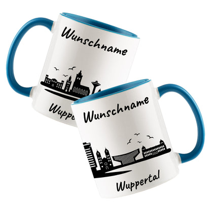 Tasse in Hellblau 330ml bedruckt mit der Skyline von Wuppertal personalisierbar mit Wunschname