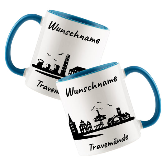 Tasse in Hellblau 330ml bedruckt mit der Skyline von Travemünde personalisierbar mit Wunschname