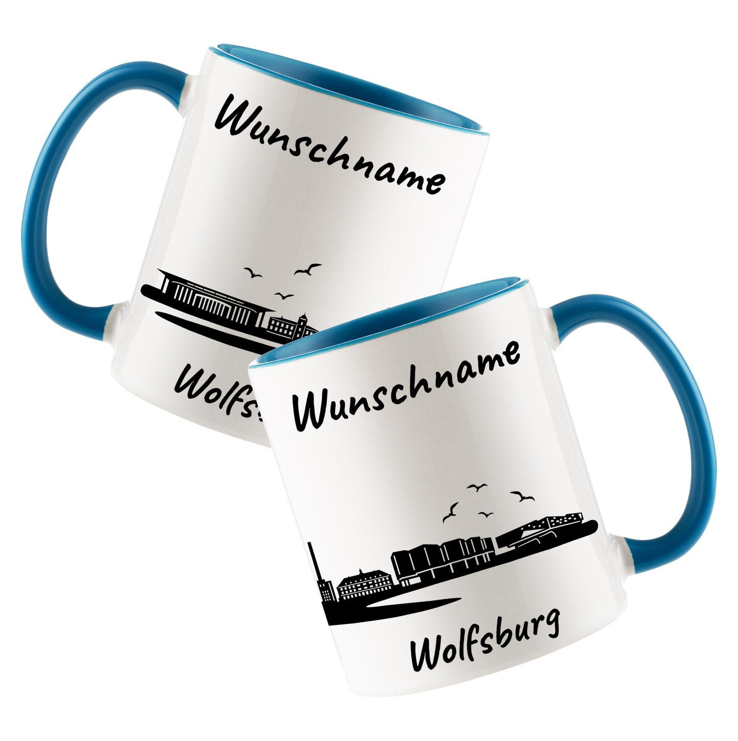 Tasse in Hellblau 330ml bedruckt mit der Skyline von Wolfsburg personalisierbar mit Wunschname