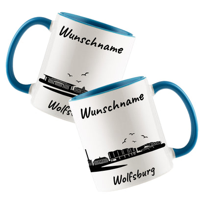 Tasse in Hellblau 330ml bedruckt mit der Skyline von Wolfsburg personalisierbar mit Wunschname