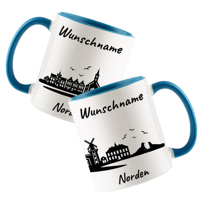 Tasse in Hellblau 330ml bedruckt mit der Skyline von Norden personalisierbar mit Wunschname